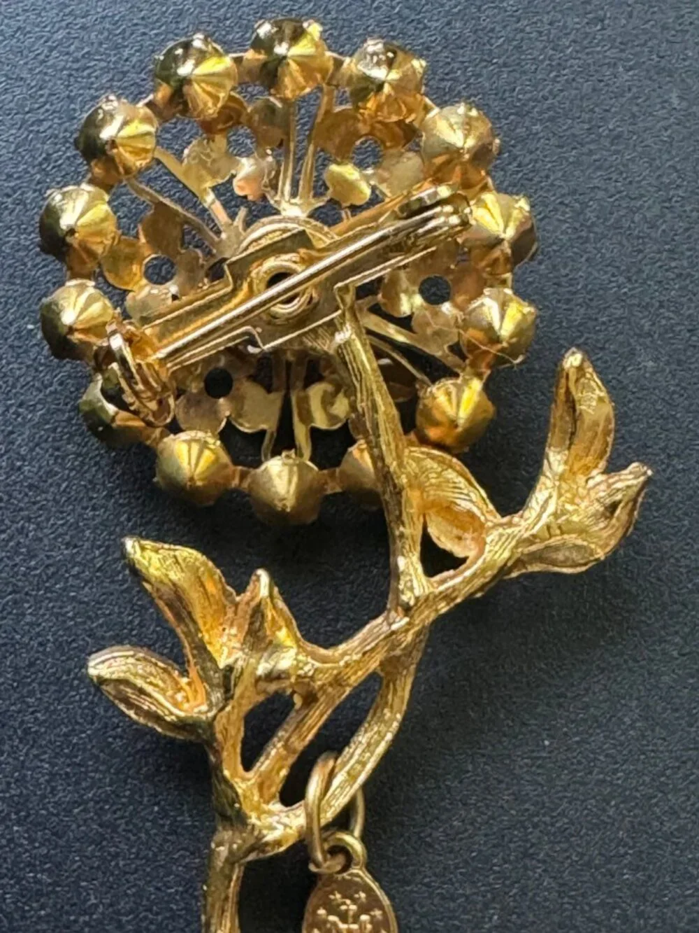 Miraculous Medal Charm Floral Spray Brooch Pink Rhinestone Gold Tone Vintage